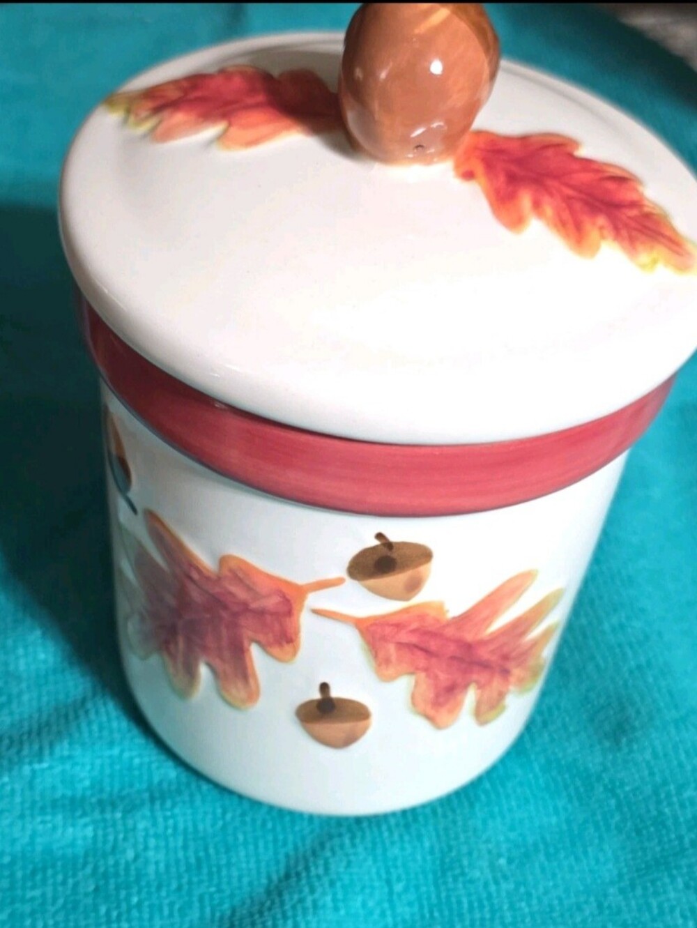 Hallmark Autumn Leaves & Acorns Ceramic Candle Crock Jar with Lid